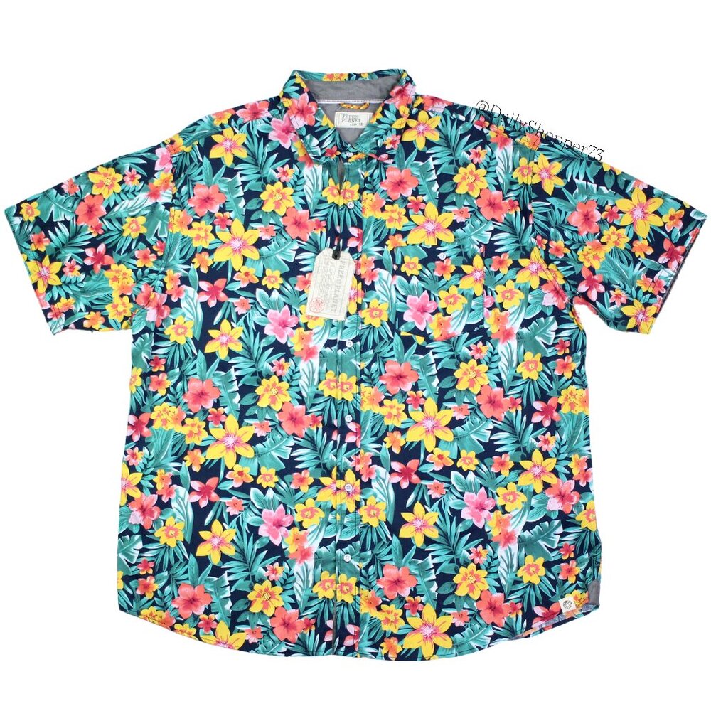 Free Planet Men's Plus Cotton Tropical Lei Flower & Palm Short Sleeve Button Up